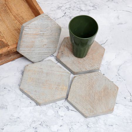 Vintage Finish Hexagon Wooden Tea Coasters - Pack of 4